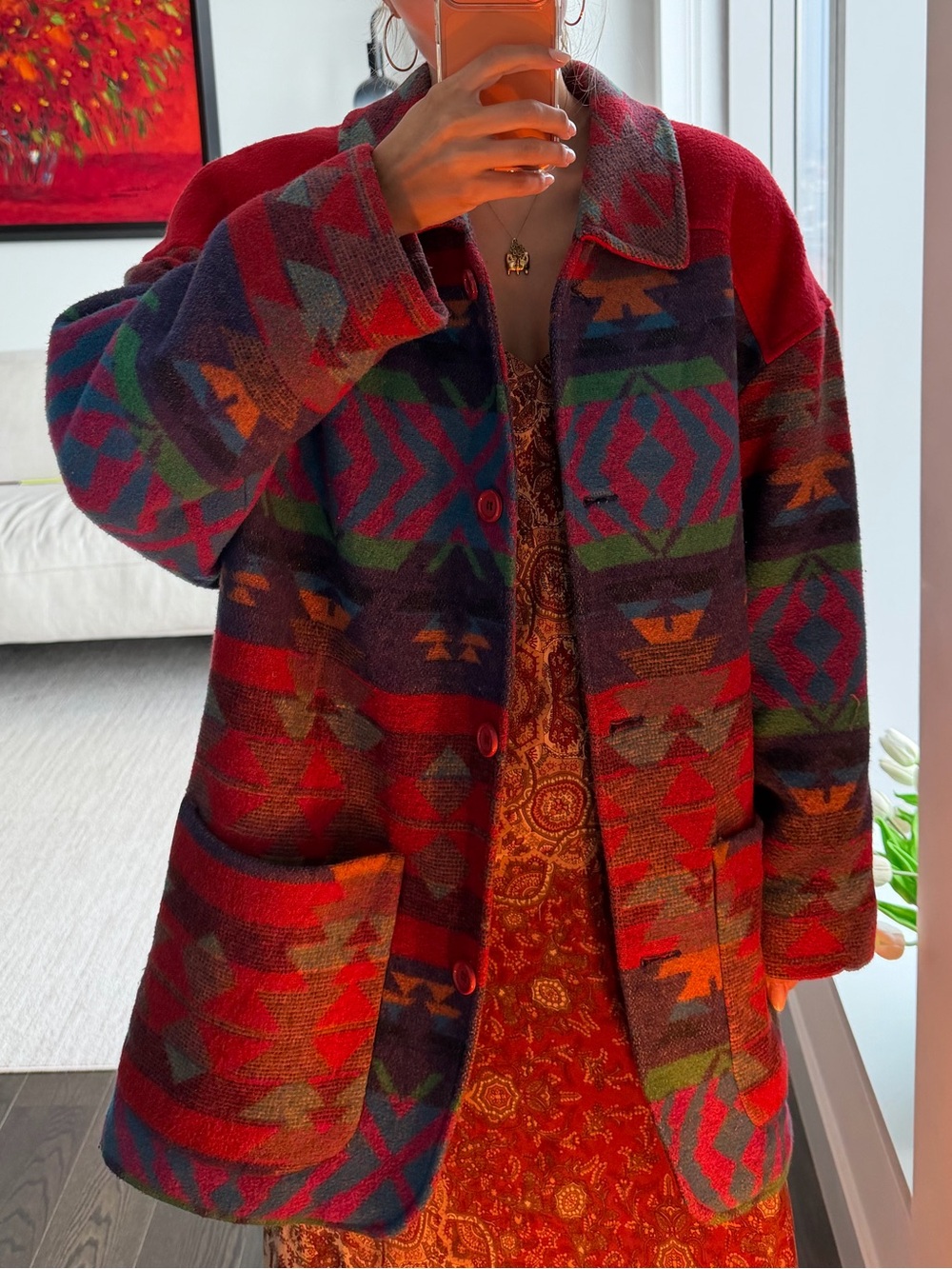 Vintage C&A Southwestern Aztec Wool Blend Blanket Coat Jacket Size 40